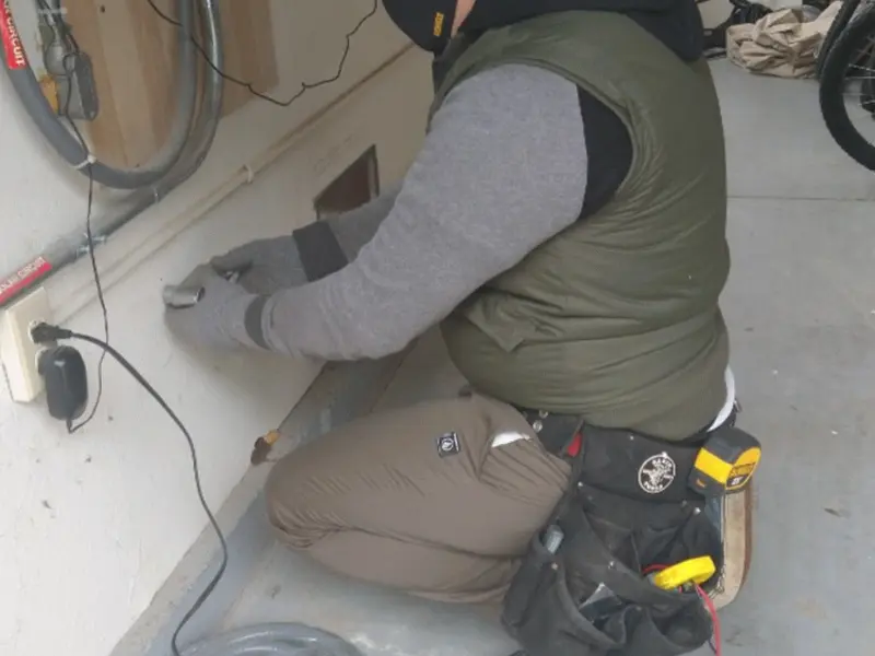 Electrician performing outlet wiring in a Ottumwa garage